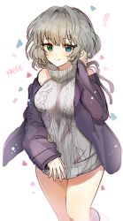 Rule 34 | !, 10s, 1girl, aran sweater, bad id, bad pixiv id, blue eyes, blush, breasts, cable knit, cardigan, character name, closed mouth, confetti, dress, green eyes, grey hair, grey sweater, halterneck, hand up, heterochromia, highres, idolmaster, idolmaster cinderella girls, looking at viewer, medium breasts, meme attire, mid (gameshe), mole, mole under eye, open cardigan, open clothes, ribbed sweater, short hair, smile, solo, standing, standing on one leg, sweater, sweater dress, takagaki kaede, thighs, turtleneck, turtleneck sweater, virgin killer sweater
