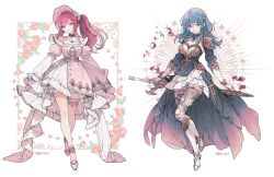 Rule 34 | 2girls, arm guards, armor, bare shoulders, black choker, black dress, black sleeves, blue eyes, blue hair, bonnet, breasts, breasts apart, byleth (fire emblem), choker, closed mouth, dress, fire emblem, fire emblem: three houses, flower, framed, hair between eyes, hair ornament, heterochromia, high heels, high ponytail, holding, holding sword, holding weapon, large breasts, layered dress, lemon89h, long bangs, long hair, looking at viewer, multiple girls, nintendo, off-shoulder dress, off shoulder, original, pantyhose, pink dress, pink hair, pink headwear, pointy ears, red flower, red lips, shoulder armor, shrug (clothing), sidelocks, signature, simple background, skirt hold, swept bangs, sword, thigh strao, thigh strap, thighlet, weapon, weapon behind back, white background, white dress, white pantyhose, yellow eyes