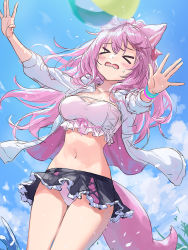 Rule 34 | &gt;o&lt;, 1girl, animal ear fluff, animal ears, arms up, ball, beachball, blue sky, blush, bow, bracelet, breasts, cloud, cloudy sky, cowboy shot, frills, grass, guchico, hair ornament, hands up, highres, jewelry, long hair, medium breasts, midriff, navel, open clothes, open mouth, open shirt, original, outdoors, panties, pink hair, pink tail, shirt, sky, solo, splashing, standing, stomach, swimsuit, tail, thighs, underwear, virtual youtuber, water, white shirt, wolf ears, wolf girl, wolf tail