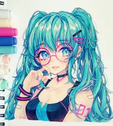 Rule 34 | absurdres, adjusting eyewear, alternate breast size, alternate costume, anny (yoai), aqua eyes, aqua hair, aqua tank top, arm at side, armpit crease, art tools in frame, artist name, bandaid, bandaid on arm, bandaid on shoulder, bare shoulders, bespectacled, black choker, blue tank top, blush, bracelet, breasts, choker, cleavage, collarbone, commentary, glasses, hair between eyes, hair intakes, hair ornament, hair over shoulder, hairclip, hand up, hatching (texture), hatsune miku, highres, instagram username, jewelry, linear hatching, lips, long hair, looking at viewer, marker, marker (medium), medium breasts, messy hair, multicolored tank top, neck ring, parted lips, pen (medium), photo (medium), sidelocks, sideways glance, symbol-only commentary, tank top, teeth, tongue, traditional media, twintails, upper body, vocaloid, watermark, wavy hair
