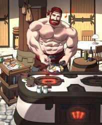 Rule 34 | 1boy, abs, bara, beard, commission, cooking, earrings, facial hair, final fantasy, final fantasy xiv, franz (mostlybrowsing), full beard, hairy, highres, jewelry, kitchen, large pectorals, male focus, mature male, muscular, muscular male, navel, nipples, pectorals, sanpaku, short hair, solo, sparse chest hair, standing, strongman waist, thick beard, thick eyebrows, thick mustache, topless male, unspoken (firebreath110)