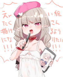 Rule 34 | 1girl, :d, absurdres, bare shoulders, blush, bow, braid, drawing tablet, dress, fang, grey hair, hair bow, hand up, hat, hat ornament, heart, heart hat ornament, highres, holding, holding stylus, long hair, looking at viewer, makaino ririmu, makaino ririmu (3rd costume), nijisanji, open mouth, pink eyes, pink hat, pointy ears, skin fang, smile, solo, spaghetti strap, stylus, translation request, twin braids, utsusumi kio, virtual youtuber, white dress