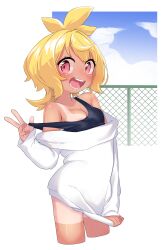 Rule 34 | 1girl, areola slip, bare shoulders, blonde hair, blush, borrowed character, breasts, chain-link fence, cleavage, clothes tug, cowboy shot, cropped legs, fence, highres, kurumi-chan (oomata), looking at viewer, medium breasts, medium hair, no pants, off-shoulder sweater, off shoulder, open mouth, original, owasaki, red eyes, solo, strap pull, sweater, sweater tug, tan, tank top, tanline, white background