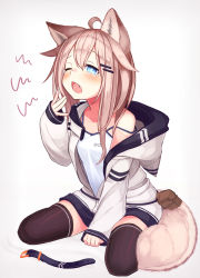 Rule 34 | 1girl, animal collar, animal ears, black thighhighs, blue eyes, bone print, breasts, camisole, collar, dog ears, dog tail, fang, full body, highres, hood, hood down, hoodie, light brown hair, long hair, long sleeves, open clothes, open hoodie, open mouth, original, partially unzipped, pouch, reitou mikan, sitting, sleepy, sleeves past wrists, small breasts, tail, tears, thighhighs, wariza