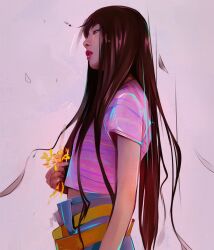 Rule 34 | 1girl, animification, belt, blunt bangs, brown hair, commentary, flower, highres, holding, holding flower, k-pop, long hair, looking ahead, pants, parted lips, pink lips, pink shirt, profile, purple background, real life, red velvet (group), seulgi (red velvet), shirt, solo, symbol-only commentary, t-shirt, taedelight