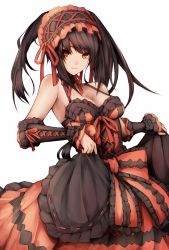 Rule 34 | 10s, 1girl, arm warmers, bad id, bad pixiv id, bare shoulders, black hair, bow, breasts, cleavage, collarbone, cowboy shot, date a live, dress, eyebrows, frilled dress, frills, hair ribbon, hairband, heterochromia, highres, lolita hairband, long hair, looking at viewer, orange eyes, parted lips, red bow, red eyes, red ribbon, ribbon, simple background, skirt hold, sleeveless, sleeveless dress, smug, snm (sunimi), solo, standing, tokisaki kurumi, twintails, white background