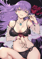 Rule 34 | 10s, 1girl, bb (fate), bb (fate/extra), black bra, black panties, blush, bra, breasts, fate/extra, fate/extra ccc, fate (series), front-hook bra, front-tie top, hair ribbon, haoni, head tilt, jewelry, light purple hair, long hair, looking at viewer, medium breasts, navel, necklace, no pants, off shoulder, open clothes, open shirt, panties, petals, purple eyes, red ribbon, ribbon, shirt, side-tie panties, solo, stomach, underwear, underwear only