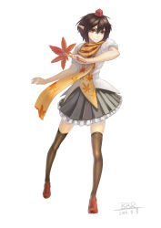 Rule 34 | 1girl, absurdres, bad id, bad pixiv id, black hair, black skirt, brown skirt, brown thighhighs, dated, frilled skirt, frills, full body, hand fan, hat, highres, holding, holding fan, leaf print, lepo, looking at viewer, open hand, orange eyes, pleated skirt, pointy ears, red footwear, shameimaru aya, shoes, short hair, short sleeves, signature, simple background, skirt, smile, solo, thighhighs, tokin hat, touhou, white background