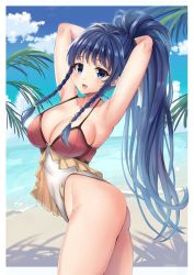 Rule 34 | 1girl, arms up, beach, blue eyes, blue hair, blue sky, braid, breasts, cleavage, cloud, day, fire emblem, fire emblem: the sacred stones, fire emblem heroes, from side, highres, long hair, looking to the side, nintendo, one-piece swimsuit, open mouth, outdoors, ponytail, sky, solo, swimsuit, tana (fire emblem), tana (summer) (fire emblem), water, yui (msy1302mana)