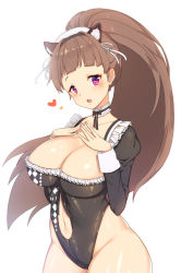 Rule 34 | 1girl, animal ears, bad id, bad pixiv id, black leotard, blush, breasts, brown hair, cat ears, cleavage, clothing cutout, cowboy shot, curvy, eyelashes, fake animal ears, fingers together, heart, heart-shaped pupils, large breasts, leotard, long hair, looking at viewer, maid, maid leotard, navel, navel cutout, open mouth, ponytail, purple eyes, shrug (clothing), simple background, solo, symbol-shaped pupils, tp (kido 94), unconventional maid, very long hair, white background, wide hips