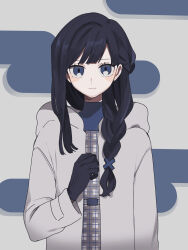 Rule 34 | 1girl, blue eyes, blush stickers, braid, expressionless, gloves, hair ornament, hand on own chest, highres, hood, hood down, hooded jacket, jacket, long hair, long sleeves, looking at viewer, maco22, original, solo, x hair ornament
