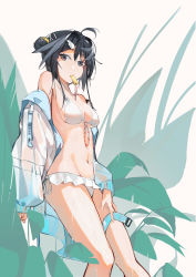 Rule 34 | absurdres, ahoge, arknights, bare shoulders, bikini, black eyes, black hair, breasts, cleavage, feet out of frame, frilled bikini, frills, hair bun, highres, jacket, la pluma (arknights), la pluma (summer flowers) (arknights), long sleeves, looking at viewer, medium breasts, mouth hold, navel, official alternate costume, open clothes, open shirt, orga (orgacl), plant, see-through, short hair, single side bun, standing, stomach, swimsuit, wet, whistle, white headwear, white jacket, wing hair ornament