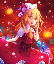 Rule 34 | 1girl, ascot, blonde hair, bow, collared shirt, cowboy shot, cross, crystal, fangs, flandre scarlet, frilled shirt collar, frilled skirt, frills, from side, glowing, glowing wings, halloween, halloween bucket, hat, hat bow, highres, index finger raised, light smile, mob cap, multicolored wings, open mouth, orange background, orange eyes, puffy short sleeves, puffy sleeves, red bow, red skirt, red vest, shirt, short sleeves, skirt, solo, teeth, touhou, upper teeth only, vest, white hat, white shirt, wings, yellow ascot, yuineko