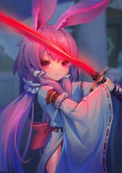 Rule 34 | 1girl, absurdres, animal ears, back bow, blurry, bow, chinese commentary, closed mouth, depth of field, glowing, glowing sword, glowing weapon, hair ornament, hair scrunchie, highres, hong wangye, japanese clothes, kannagi usagi, katana, kimono, light blush, long hair, long sleeves, looking at viewer, miko, pink bow, pink eyes, pink hair, rabbit ears, ribbon-trimmed sleeves, ribbon trim, scrunchie, solo, sword, weapon, white kimono, wide sleeves
