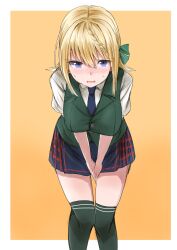 Rule 34 | 1girl, absurdres, blonde hair, blue necktie, blue skirt, braid, braided bun, breasts, collared shirt, commentary request, commission, dress shirt, feet out of frame, green thighhighs, green vest, hair bun, highres, kamaboko senshi, kantai collection, large breasts, leaning forward, looking at viewer, necktie, perth (kancolle), plaid, plaid skirt, pleated skirt, purple eyes, school uniform, shirt, short hair, short sleeves, skirt, solo, thighhighs, vest, white shirt