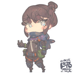 Rule 34 | 1girl, animification, apex legends, black bodysuit, black hair, black scarf, blush, bodysuit, breasts, bright pupils, chibi, dated, grey eyes, hair behind ear, hair bun, highres, jrpencil, looking to the side, open hand, scarf, short eyebrows, single hair bun, small breasts, solo, thick eyebrows, v-shaped eyebrows, white pupils, wraith (apex legends)