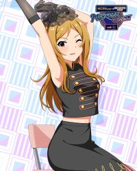 Rule 34 | 1girl, brown hair, card (medium), gloves, idolmaster, idolmaster million live!, idolmaster million live! theater days, momose rio, navel, official art, one eye closed, open mouth, red eyes, solo