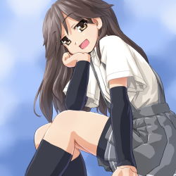 Rule 34 | 10s, 1girl, arashio (kancolle), arm warmers, bike shorts, blush, brown eyes, brown hair, dd (ijigendd), kantai collection, long hair, looking at viewer, open mouth, personification, pleated skirt, school uniform, serafuku, shorts under skirt, sitting, skirt, smile, suspenders
