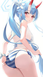 Rule 34 | 1girl, ass, bikini, blue archive, blue hair, blush, chise (blue archive), chise (swimsuit) (blue archive), cowboy shot, flower, from behind, hair flower, hair ornament, halo, highres, holding, holding hair, horns, long hair, looking at viewer, looking back, nokke o, oni horns, parted lips, pointy ears, red eyes, sailor collar, see-through, side-tie bikini bottom, side ponytail, sidelocks, simple background, solo, standing, striped bikini, striped clothes, swimsuit, very long hair, white background, white flower, white sailor collar