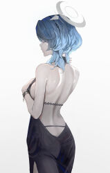 Rule 34 | 1girl, absurdres, ako (blue archive), ako (dress) (blue archive), ass, backless dress, backless outfit, bare back, black dress, blue archive, blue hair, closed eyes, commentary, cowboy shot, dress, gradient background, grey background, hidulume, highres, short hair, sleeveless, sleeveless dress, solo, standing, white background