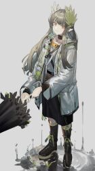 Rule 34 | 1girl, absurdres, arknights, black collar, black footwear, black skirt, boots, bracelet, collar, full body, grey background, highres, holding, holding umbrella, infection monitor (arknights), jacket, jewelry, long sleeves, looking at viewer, muelsyse (arknights), neumo, open clothes, open jacket, outdoors, pointy ears, sidelocks, simple background, skirt, solo, standing, umbrella, water, white jacket, yellow eyes