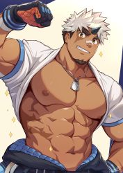 Rule 34 | 1boy, abs, absurdres, akiha gongen (housamo), bandaid, bandaid on face, bandaid on nose, bara, bare pectorals, biceps, brown hair, character request, clothes lift, dark-skinned male, dark skin, dog tags, facial hair, flexing, gloves, goatee, highres, horns, large pectorals, looking at viewer, male focus, multicolored hair, muscular, muscular male, navel, nipples, open clothes, pectorals, scar, scar across eye, scar on chest, scar on face, shirt behind neck, shirt lift, short hair, sideburns, single horn, smirk, solo, sparkle, stomach, tokyo houkago summoners, two-tone hair, upper body, white hair, zifu