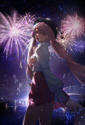 Rule 34 | 1girl, city, city lights, cityscape, fireworks, frills, hat, highres, long hair, long sleeves, looking at viewer, low twintails, open mouth, original, pink eyes, pink hair, pink skirt, skirt, skyline, solo, twintails, user mwzd5355, very long hair