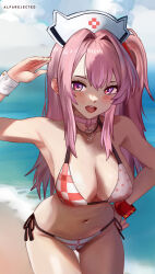 Rule 34 | 1girl, absurdres, alfarejected, bare shoulders, beach, bikini, blush, breasts, choker, cleavage, cloud, cloudy sky, collarbone, commentary, day, english commentary, goddess of victory: nikke, hair between eyes, halterneck, hand on own hip, hat, highres, large breasts, long hair, looking at viewer, midriff, navel, nurse cap, ocean, official alternate costume, pepper (nikke), pepper (ocean vitamin) (nikke), pink eyes, pink hair, red bikini, salute, side-tie bikini bottom, side ponytail, sky, smile, solo, standing, string bikini, swimsuit, two-tone bikini, white bikini, white hat