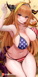 Rule 34 | 1girl, :d, ahoge, alternate costume, american flag bikini, american flag print, armpits, bare shoulders, beach, bikini, blonde hair, bow, breasts, burger, crossed legs, diagonal-striped bow, dragon girl, dragon tail, eating, fang, flag print, food, front-tie bikini top, front-tie top, halterneck, highres, holding, holding food, hololive, horn bow, horn ornament, horns, kiryu coco, large breasts, looking at viewer, multicolored hair, navel, open mouth, orange hair, piukute062, print bikini, side-tie bikini bottom, sitting, skin fang, skindentation, smile, solo, stomach, streaked hair, string bikini, summer, swimsuit, tail, thighs, virtual youtuber