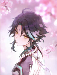 Rule 34 | 1boy, aamoooon e, ahoge, bead necklace, beads, black hair, cherry blossoms, closed mouth, facial mark, flower, forehead mark, genshin impact, green hair, highres, jewelry, looking at viewer, male focus, multicolored hair, necklace, petals, pink flower, solo, upper body, xiao (genshin impact), yellow eyes