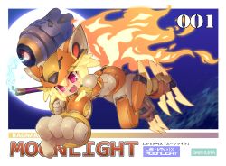 Rule 34 | 1girl, :d, absurdres, blonde hair, border, character name, commentary request, commission, fang, fiery tail, full body, full moon, glowing, glowing hair, highres, holding, holding staff, mecha musume, mechanization, moon, moonlight flower, open mouth, outside border, ragnarok online, reaching, reaching towards viewer, red eyes, sankuma, second-party source, short hair, skeb commission, smile, solo, staff, tail, white border