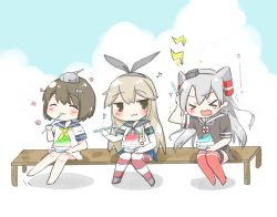 Rule 34 | &gt; &lt;, 10s, 3girls, :3, ^ ^, amatsukaze (kancolle), blonde hair, brain freeze, brown eyes, brown hair, closed eyes, commentary request, dress, fang, food, food in mouth, kantai collection, lifebuoy, long hair, long sleeves, multicolored clothes, multicolored legwear, multiple girls, musical note, open mouth, sailor dress, school uniform, serafuku, shaved ice, shimakaze (kancolle), short hair, short sleeves, silver hair, spoon, striped clothes, striped legwear, striped thighhighs, swim ring, thighhighs, tsuchihara ai, two side up, yukikaze (kancolle)