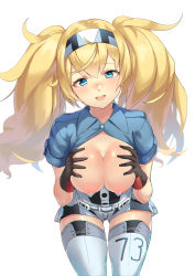 Rule 34 | 1girl, absurdres, belt, belt buckle, black gloves, black thighhighs, blue shirt, boots, breasts, breasts squeezed together, buckle, buttons, collared shirt, cowboy shot, dress shirt, eyebrows, eyelashes, gambier bay (kancolle), gloves, hair between eyes, hairband, head tilt, highres, kantai collection, legs apart, looking at viewer, medium breasts, multicolored clothes, multicolored hairband, multicolored shorts, nipples, no bra, okamen, open clothes, open shirt, shirt, short sleeves, shorts, simple background, smile, solo, standing, thigh boots, thighhighs, twintails, unbuttoned, unbuttoned shirt, white background, white footwear, zettai ryouiki