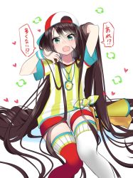 Rule 34 | 1girl, absurdly long hair, absurdres, alternate hair length, alternate hairstyle, arm behind head, arm up, asymmetrical legwear, backwards hat, baseball cap, blue eyes, blush, commentary request, feet out of frame, hand in own hair, hand up, hat, heart, highres, hololive, isuka, knees together feet apart, long hair, looking at viewer, mismatched legwear, oozora subaru, oozora subaru (1st costume), open mouth, red thighhighs, shirt, shoes, short shorts, short sleeves, shorts, signature, simple background, sitting, solo, speech bubble, stopwatch, stopwatch around neck, striped clothes, striped shirt, thighhighs, translated, vertical-striped clothes, vertical-striped shirt, very long hair, virtual youtuber, watch, wavy mouth, whistle, whistle around neck, white background, white footwear, white shorts, white thighhighs, wristband