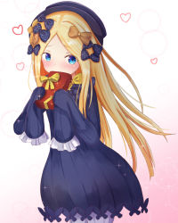 Rule 34 | 1girl, abigail williams (fate), bad id, bad pixiv id, black bow, black dress, black hat, blonde hair, bloomers, blue eyes, blush, bow, box, bug, butterfly, commentary request, dress, fate/grand order, fate (series), gift, gift box, gradient background, hair bow, hat, heart, holding, holding gift, insect, long hair, long sleeves, looking at viewer, masen, orange bow, parted bangs, pink background, polka dot, polka dot bow, sleeves past fingers, sleeves past wrists, solo, sparkle, underwear, very long hair, white background, white bloomers