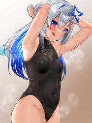 Rule 34 | 1girl, amane kanata, amane kanata (work), angel, angel wings, armpits, arms up, bare shoulders, black leotard, blue hair, blush, bodystocking, breasts, colored inner hair, covered erect nipples, covered navel, frikulu, hair between eyes, hair ornament, halo, highleg, highleg leotard, highres, hololive, jewelry, leotard, long hair, looking at viewer, mini wings, multicolored hair, necklace, pink hair, purple eyes, shuriken, silver hair, small breasts, solo, star halo, steam, streaked hair, sweat, thighs, tongue, tongue out, virtual youtuber, weapon, white wings, wings
