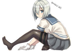 Rule 34 | 1girl, black pantyhose, blue eyes, dress, full body, gloves, grey sailor collar, grey skirt, hair ornament, hair over one eye, hairclip, hamakaze (kancolle), kantai collection, minarai, one-hour drawing challenge, pantyhose, parted lips, pleated dress, pleated skirt, sailor collar, school uniform, serafuku, short hair, short sleeves, silver hair, simple background, skirt, solo, twitter username, white background, white gloves