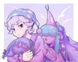 Rule 34 | 1boy, artist name, bad id, bad twitter id, bede (pokemon), closed mouth, commentary request, creatures (company), curly hair, eyelashes, frills, game freak, gen 8 pokemon, hat, hatenna, iruzu (pixiv27236115), long sleeves, looking back, nightcap, nintendo, pillow, pokemon, pokemon (creature), pokemon on back, pokemon swsh, purple eyes, silver hair, watermark