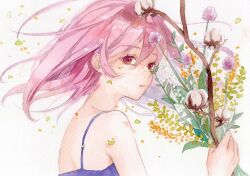 Rule 34 | 1girl, bare shoulders, blue camisole, branch, camisole, floating hair, flower, hair between eyes, holding, holding flower, leaf, long hair, looking at viewer, medium hair, original, painting (medium), parted lips, petals, pink eyes, pink flower, pink hair, solo, spaghetti strap, srnmomo, traditional media, upper body, watercolor (medium), white background, white flower, wind