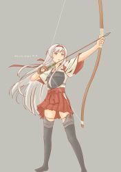 Rule 34 | 1girl, absurdres, arrow (projectile), bow (weapon), drawing bow, gloves, grey background, hairband, headband, highres, holding, holding bow (weapon), holding weapon, japanese clothes, kantai collection, long hair, muneate, pot-de, shoukaku (kancolle), skirt, thighhighs, weapon, white hair