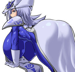 Rule 34 | 1girl, absurdres, all fours, alternate breast size, artist request, ass, ass focus, blue eyes, breasts, covered erect nipples, curvy, dress, gloves, hat, highres, huge ass, huge breasts, long hair, looking at viewer, looking back, magical girl, shiny clothes, silent magician, standing, witch hat, yu-gi-oh!