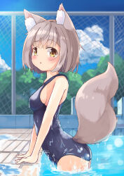Rule 34 | 1girl, animal ear fluff, animal ears, ass, blue one-piece swimsuit, blush, breasts, brown eyes, brown hair, chain-link fence, cloud, fence, fox ears, fox girl, fox tail, from side, highres, looking at viewer, manabe mana, one-piece swimsuit, open mouth, original, outdoors, pool, poolside, school swimsuit, short hair, sideboob, sky, small breasts, solo, swimsuit, tail, thighs, tree, wading, wet, wet clothes, wet swimsuit