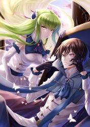 Rule 34 | 1boy, 1girl, ascot, black gloves, black hair, blue ascot, blue pants, breasts, brown hair, bug, butterfly, c.c., cleavage, code geass, crossed legs, dress, elbow gloves, floating hair, frilled gloves, frills, geass, gloves, green hair, hair ornament, hair ribbon, highres, insect, leaning forward, lelouch vi britannia, long hair, medium breasts, pants, parted lips, pink ribbon, purple eyes, ribbon, sitting, sleeveless, sleeveless dress, sumomo7317, very long hair, white dress, white gloves, yellow eyes