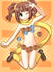 Rule 34 | 1girl, aqua eyes, bad id, bad pixiv id, blush, brown hair, censored, coin, convenient censoring, idolmaster, idolmaster (classic), naked scarf, nude, one eye closed, partially visible vulva, scarf, smile, solo, takatsuki yayoi, totokichi, wink, yen