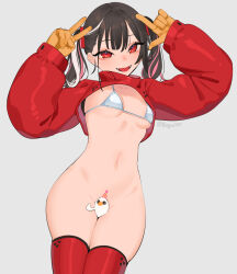 Rule 34 | 1girl, arms up, beijuu, beni-chan (beijuu), bikini, bikini top only, black hair, breasts, cowboy shot, gloves, grey background, long sleeves, looking at viewer, multicolored hair, navel, open mouth, original, pink hair, red eyes, red thighhighs, simple background, small breasts, smile, solo, streaked hair, swimsuit, thighhighs, twintails, v, white bikini, white hair, yellow gloves