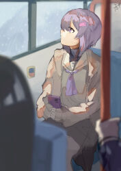Rule 34 | 2girls, a.i. voice, absurdres, black hair, black undershirt, blurry, blurry foreground, bob cut, brown cardigan, bus interior, cardigan, cellphone, closed mouth, commentary request, facing away, feet out of frame, grey serafuku, grey shirt, grey skirt, hand grip, highres, holding, holding hand grip, holding phone, inverted bob, looking outside, looking to the side, multiple girls, nago (75), neckerchief, on chair, open cardigan, open clothes, out of frame, phone, profile, purple eyes, purple hair, purple neckerchief, rain, sailor collar, school uniform, serafuku, shirt, signature, sitting, skirt, sleeves past wrists, smartphone, solo focus, turtleneck, voiceroid, white sailor collar, window, yuzuki yukari, yuzuki yukari (shizuku)