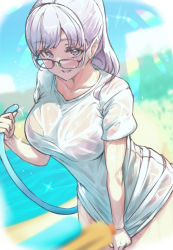 Rule 34 | 1girl, bikini, bikini under clothes, blurry, blurry foreground, blush, breasts, commentary request, day, glasses, holding, holding hose, hose, hose nozzle, indie virtual youtuber, large breasts, light purple hair, long hair, looking at viewer, mi2mi2 minmi, outdoors, parted lips, ponytail, purple bikini, purple eyes, shirt, short sleeves, solo, sparkle, swimsuit, virtual youtuber, water, water gun, wet, wet clothes, wet shirt, yomi tsumugiha