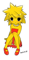 Rule 34 | 1girl, animification, arm support, artist name, bad id, bad pixiv id, black eyes, blonde hair, born-to-die, colored skin, dress, highres, jewelry, lisa simpson, necklace, panties, simple background, sitting, smile, solo, the simpsons, underwear, upskirt, white background, white panties, yellow skin