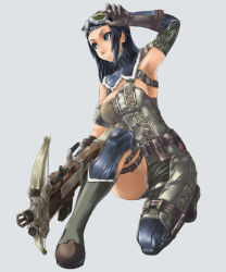 Rule 34 | 1girl, afurichin, black hair, blue eyes, breasts, capcom, elbow gloves, female focus, full body, gloves, goggles, highres, kneeling, leather, monster hunter (series), on one knee, simple background, solo, weapon