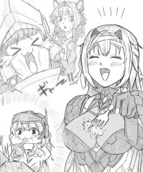 Rule 34 | 4girls, :d, armor, bandaged head, bandages, blush, bodystocking, braid, braided ponytail, breasts, bug, censored, chime (nikke), cleavage, cloak, cosawara, crying, drill hair, eating, fork, goddess of victory: nikke, greyscale, hair ornament, hair ribbon, headgear, helmet, jacket, large breasts, long hair, modernia (nikke), monochrome, mosaic censoring, multiple girls, open mouth, ribbon, see-through, see-through cleavage, shoulder armor, sidelocks, smile, snow white (nikke), visor (armor), worm
